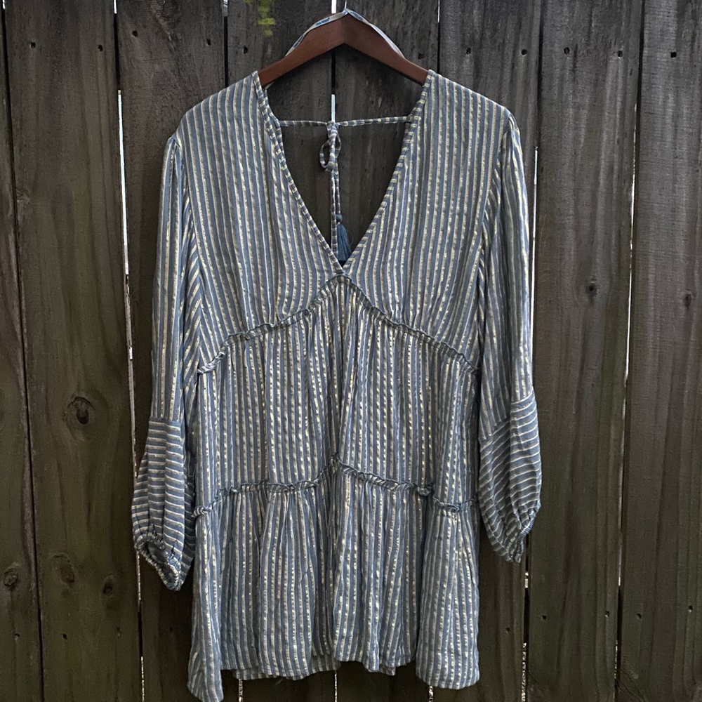 Blue Island striped dress in blue and gold shimmer size M